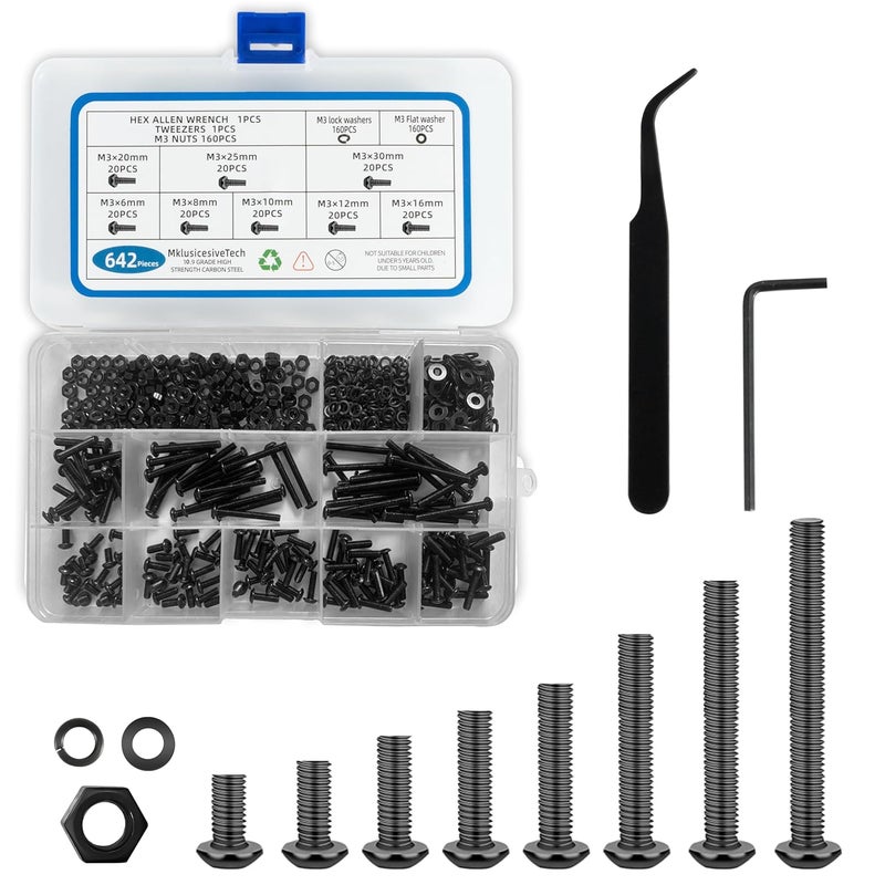 MklusiveTech 642PCS M3 Button Head Screws（6mm-30mm ） Metric Screw Assortment Kit Metric Bolt Assortment Machine Screws with Lock Flat Washers Grade 10.9 Alloy Steel Hex Socket Head - Image 1